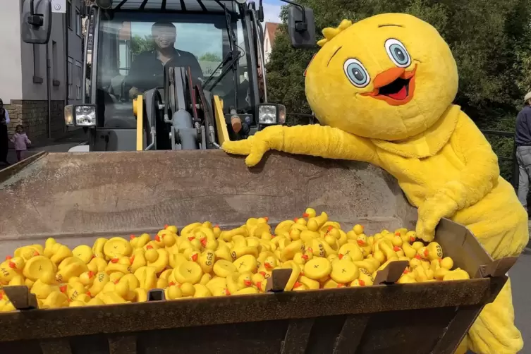 BBC-Maskottchen Funny Fastbreaker pr&auml;sentiert die Enten, die mit dem Radlader der Firma Hofmann & Sch&auml;fer auf die Strecke geschi