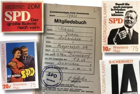 Aus der Festschrift: Wahlkampfmaterial und das Mitgliedsbuch von Jochen Schael, des ersten SPD-Bürgermeisters von Großbundenbach