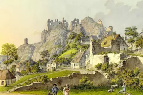 Als „Die Ruinen von Falkenstein am Dannersberg" war fälschlich mit „a“ dieses Bild von Carl Ludwig Friedrich Viehbeck aus dem En