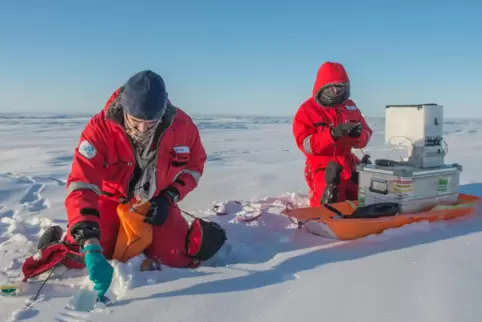 Zwei Wissenschaftler des Alfred-Wegener-Instituts (Bremerhaven) sammeln auf dem gefrorenen Arktischen Ozean für Untersuchungen S