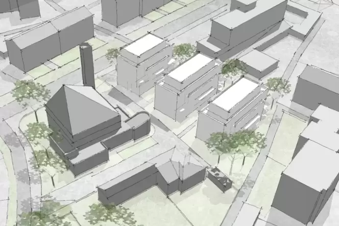 Visualisierung des Büros ADS: Neugebaut werden die drei parallelen Häuser rechts von der Kirche. Visualisierung des Büros ADS: Neugebaut werden die drei parallelen Häuser rechts von der Kirche.