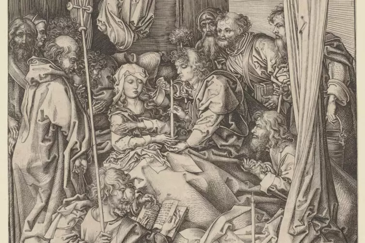 Mit Martin Schongauer – hier „Der Tod Mariens“ (1470) im Ausschnitt – wird der Kupferstich als Kunst- technik sichtbar. 