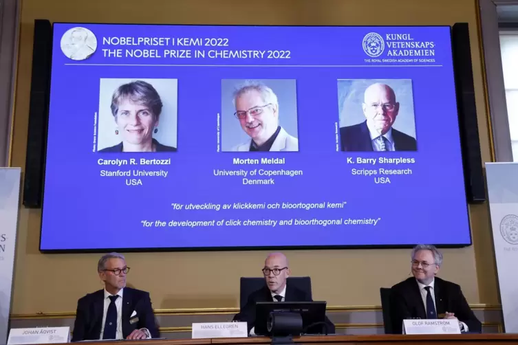 Mitglieder des Nobelkommitees geben die Gewinner des Nobelpreises für Chemie 2022 bekannt.