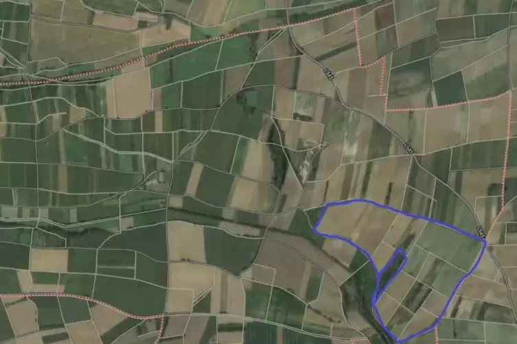 An der blau markierten Stelle soll die PV-Anlage entstehen. Im Westen ist Oberotterbach, im S&uuml;den Steinfeld. 