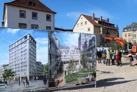 Die Bbbildungen auf dem Bauzaun zeigen, wie der Neubau einmal aussehen soll. 