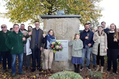 Gruppenbild am Prinzessinnenstein, zuvor gab es Blumen für die neue Pfälzische Weinprinzessin Sandra Eder. 