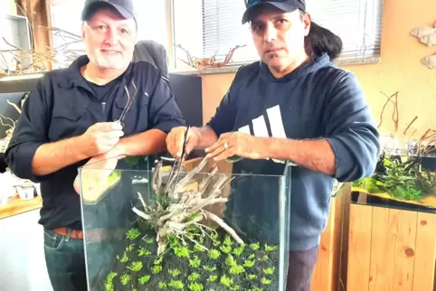 Aqualounge-Inhaber Jürgen Wuerz beobachtet wie "The Shrimp King", wie Chris Lukhaup ob seines Fachwissens rund um die Garnele in