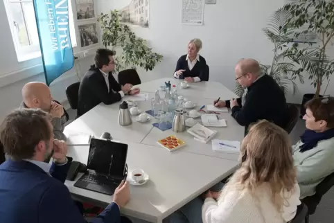 Landrätin Susanne Ganster (hinten Mitte) beim RHEINPFALZ-Redaktionsgespräch mit (von links) Kreis-Pressesprecher Thorsten Höh, T