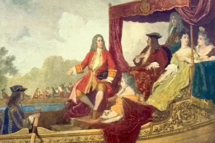 King George I. und Georg Friedrich Händel während der Bootsfahrt auf der Themse: links im Hintergrund die Musiker auf einem weit