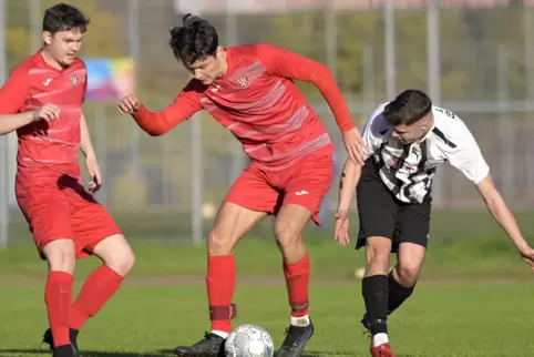 Dejan Vasic (LSC, Mitte) schirmt Ball und Christian Pereira (FG) ab. 
