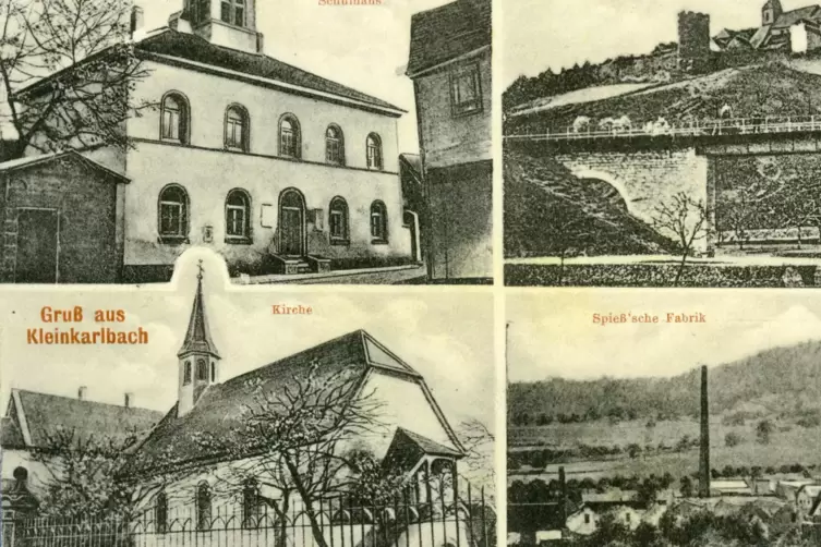 Postkarte mit den Kleinkarlbacher Wahrzeichen von 1914.