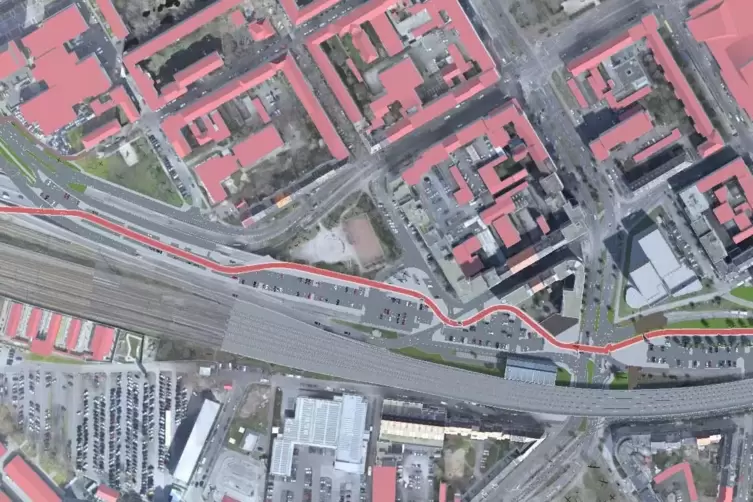 Streckenf&uuml;hrung vom Hauptbahnhof (links) bis zur Adenauer-Br&uuml;cke. In der Mitte (grau): das neue Polizeipr&auml;sidium.
