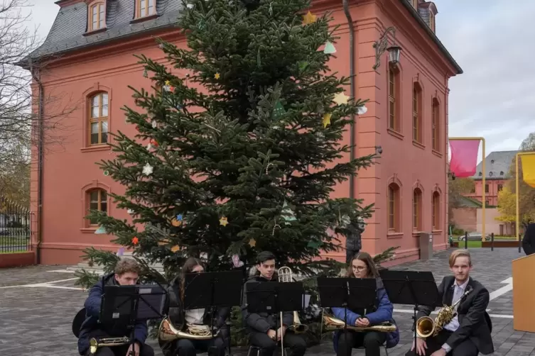Lambsheimer Baum vor rheinland-pfälzischem Landtag: Maxdorfer Schüler spielen zur Feier dieses Ereignisses auf ihren Blasinstrum