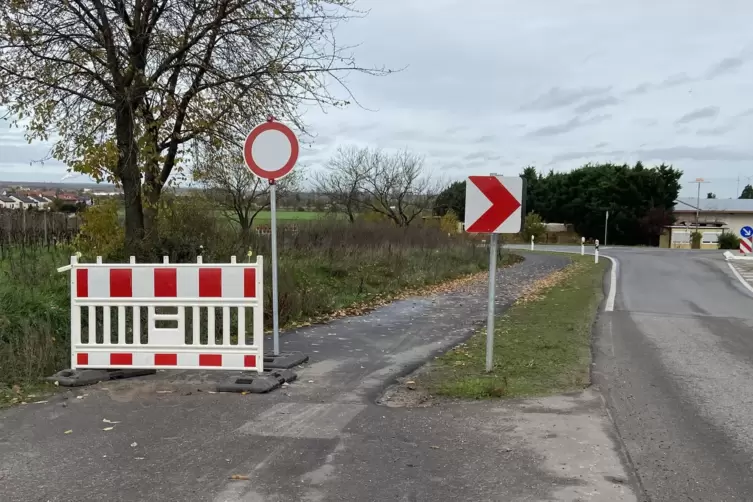Durchfahrt verboten: Schon vor der Kreuzung K2/L520 von Lambsheim kommend ist der neue Radweg abgesperrt. Radler m&uuml;ssen auf die 