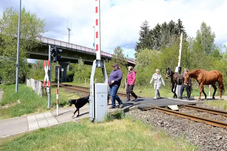 Stephanie Linn, Pfarrerin Heide Salm, Monika Linn und Mailin Wilkens (von rechts) nutzen den Bahn&uuml;bergang bei Ein&ouml;d regelm&auml;&szlig;ig. 