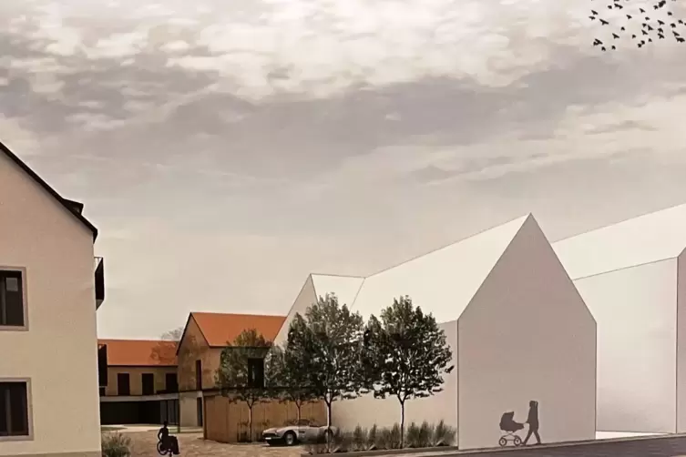 Ein Konzept: Dieses Bild zeigt die Vorderansicht des geplanten Wohnquartiers „Köhler-Höfe“. Weiß sind die Bestandsgebäude in der