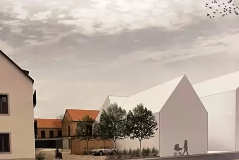 Ein Konzept: Dieses Bild zeigt die Vorderansicht des geplanten Wohnquartiers „Köhler-Höfe“. Weiß sind die Bestandsgebäude in der