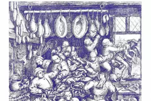 Gelage, Illustration nach dem Stich „Die fette Küche“ von Pieter Brueghel d.Ä., 1563. 