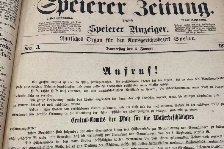 Aufruf zur Hilfe: Die &bdquo;Speierer Zeitung&ldquo; war 1883 auch amtliches Verlautbarungsorgan.