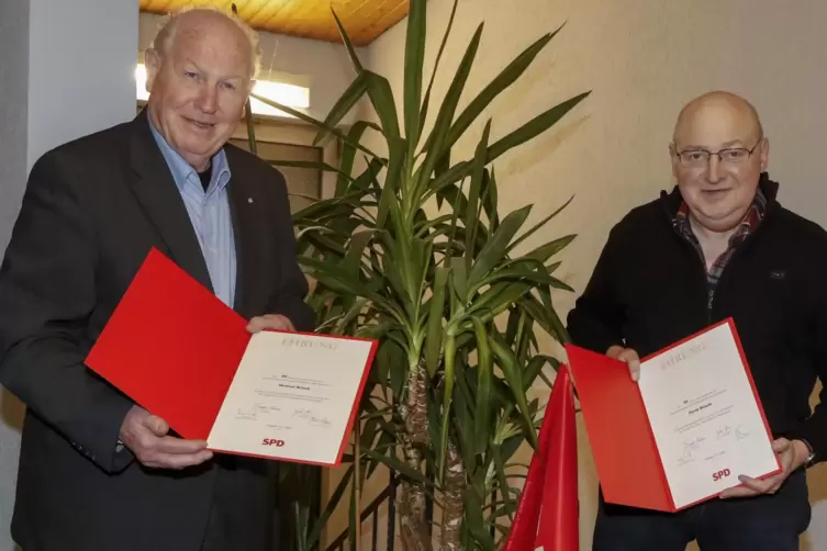 Für 50 Jahre Mitgliedschaft in der SPD sind Helmut Brand (links) und Horst Blauth geehrt worden. 