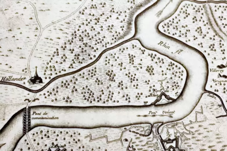 Mühlgraben auf einer Karte von 1688: Der Mechtersheimer Hof wird damals wegen seiner aus Holland stammenden Bewohner „Petite Hol
