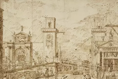Ausschnitt aus Canalettos Ansicht vom Tor zum Arsenal in Venedig (um 1735). 