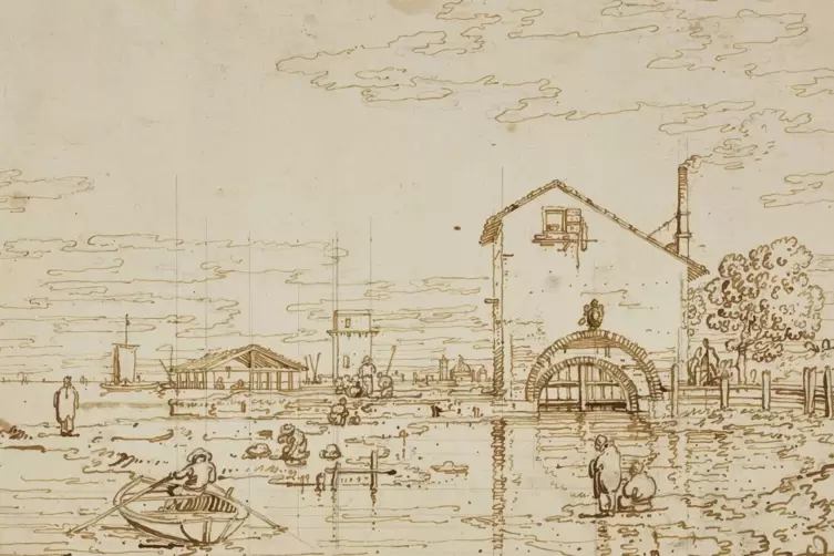 Canaletto: Ausschnitt eines Capriccio der Lagune von Venedig mit einem Haus und dem Turm von Marghera (um 1740). 