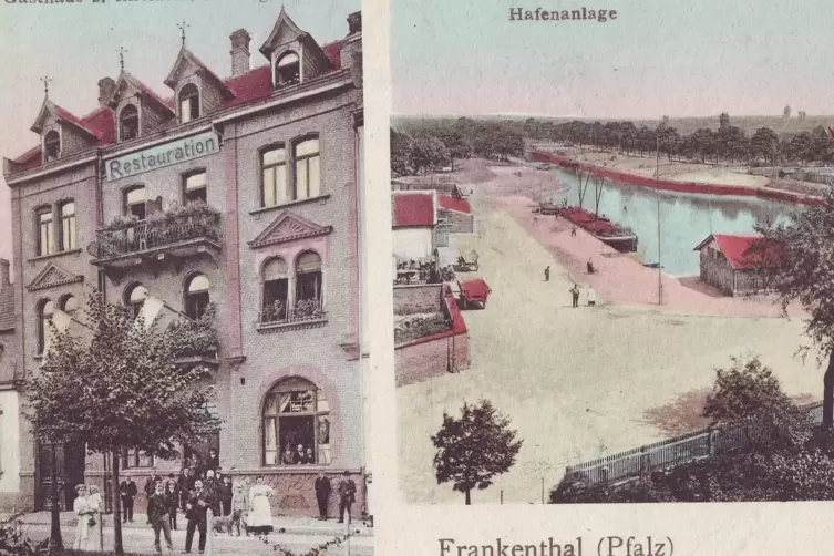 Diese farbige Ansichtskarte aus dem Jahr 1914 zeigt den Blick auf die Hafenanlage von Westen her und das Lokal „Rheintor“. 