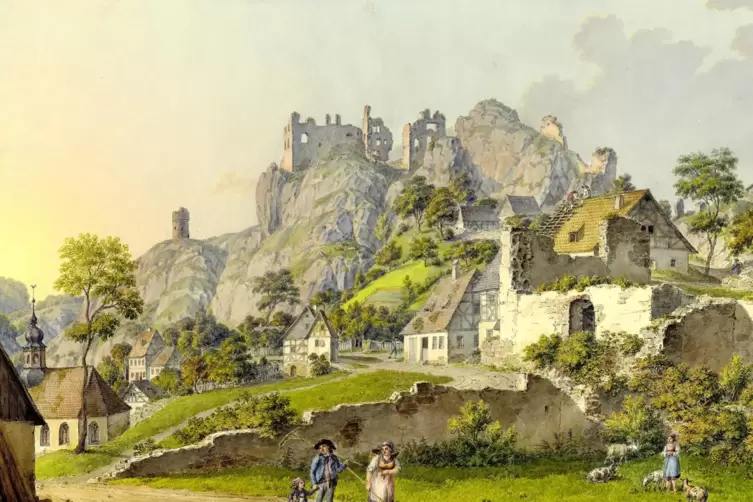 „Die Ruinen von Falkenstein am Donnersberg“ lautet der Titel des Gemäldes von Carl Ludwig Friedrich Viehbeck, das am Ende des 18