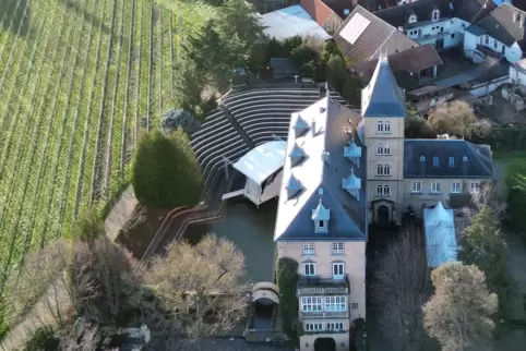 Blick auf das Edesheimer Schloss. Links neben dem Gebäude die Seebühne, umgeben von Reben, Wasser und altehrwürdigen Mauern. 