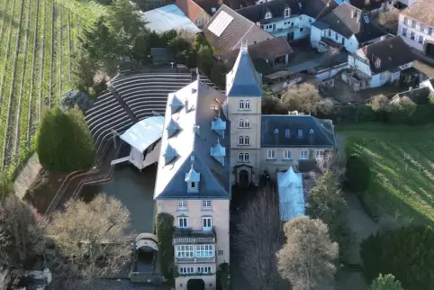 Blick auf das Edesheimer Schloss. Links neben dem Gebäude ist die Seebühne zu sehen. 