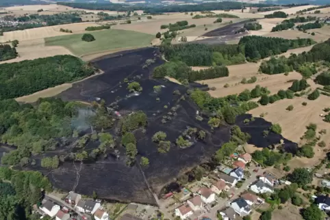 Die Flammen erfassten eine Fläche von geschätzt 40 Hektar. Das Feuer brach auf der Wiese am oberen Bildrand in der Mitte aus und