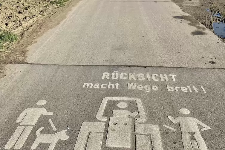 &bdquo;Mit ein bisschen R&uuml;cksicht&ldquo;: Piktogramm auf einem Feldweg in Richtung Oggersheim. 