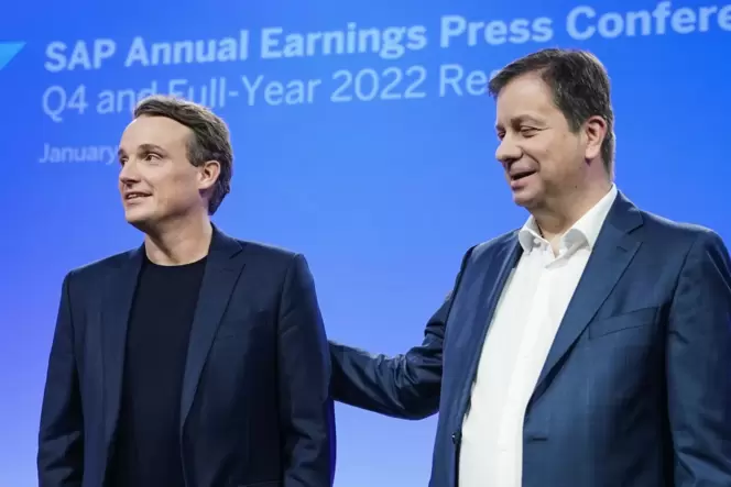 SAP-Vorstandssprecher Christian Klein (links) und der Ende März auf eigenen Willen ausscheidende Finanzvorstand Luka Mucic am Do SAP-Vorstandssprecher Christian Klein (links) und der Ende März auf eigenen Willen ausscheidende Finanzvorstand Luka Mucic am Do