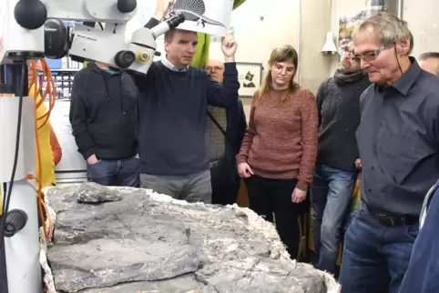 So in etwa hat er ausgesehen: Geoskop-Chef Sebastian Voigt veranschaulicht den Fund, der noch weitgehend in einer Gipsmanschette