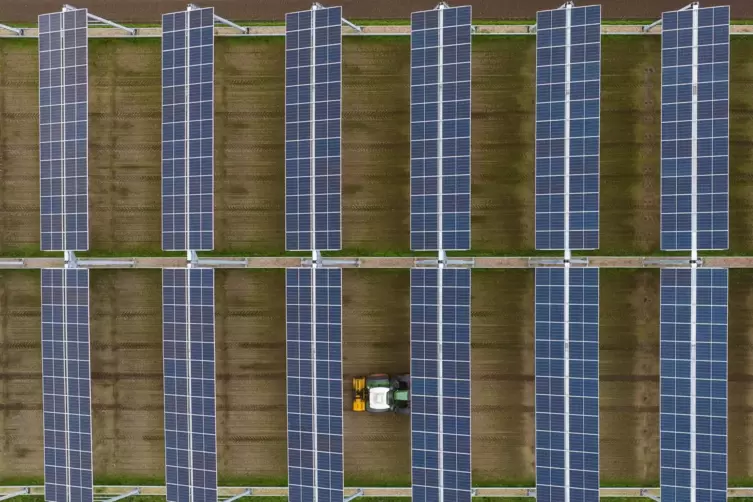 Eine Fläche mit doppeltem Nutzen: Ein Landwirt fährt im Wendland unter einer Agrar-Photovoltaik-Anlage entlang. 