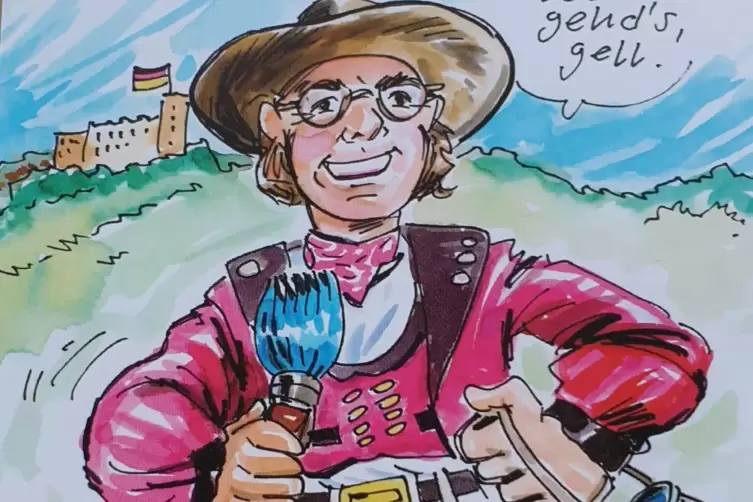 Die Zeichnung von Steffen Boiselle, die Thomas Liedy mit seinem Pinsel vor dem Hambacher Schloss zeigt, gibt es als Postkarte. A