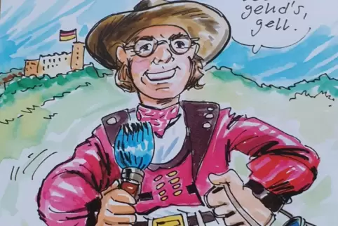 Die Zeichnung von Steffen Boiselle, die Thomas Liedy mit seinem Pinsel vor dem Hambacher Schloss zeigt, gibt es als Postkarte. A