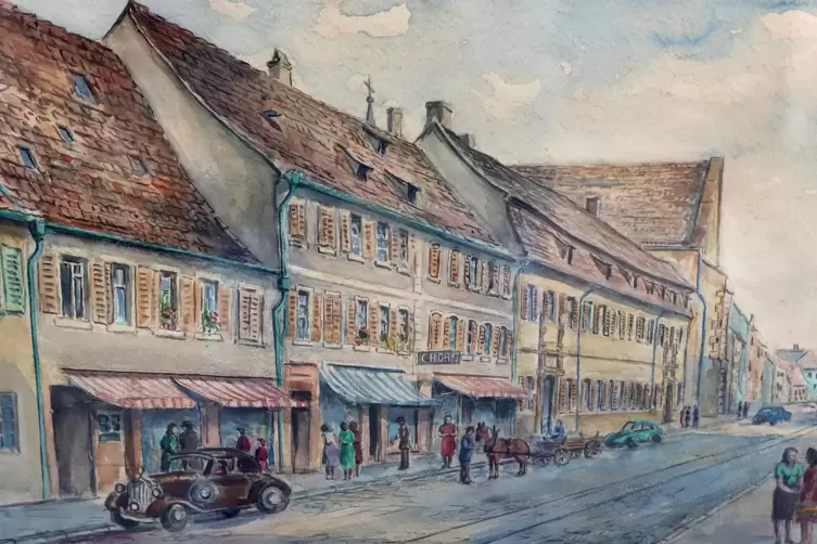 Die K&ouml;nigstra&szlig;e mit dem Gesch&auml;ftshaus auf einem Gem&auml;lde von 1950. 