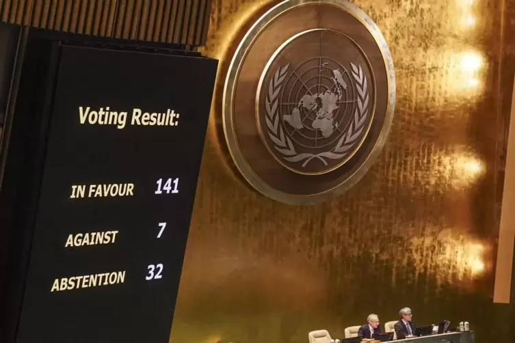 Ergebnis der Abstimmung über die Resolution zum Ukraine-Krieg bei den Vereinten Nationen in New York. 