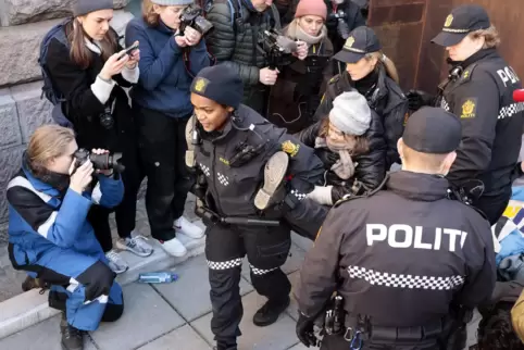 In Oslo tragen Polizeibeamte Greta Thunberg vor dem Finanzministerium weg. 