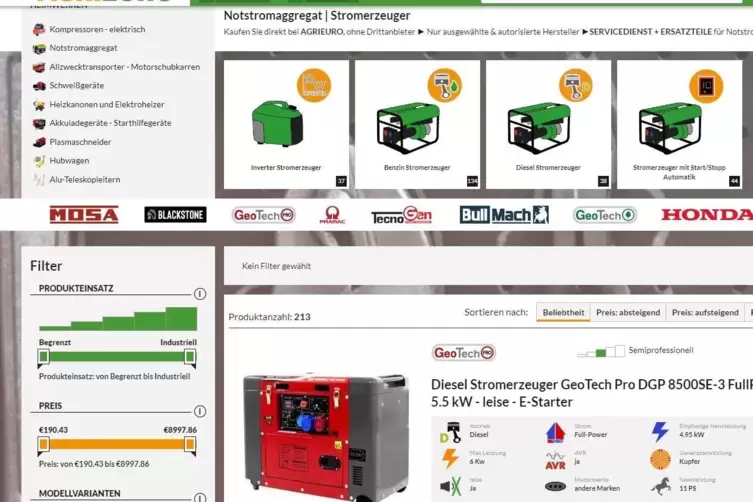 Über 200 verschiedene Notstromaggregate bietet die Firma Agrieuro auf ihrer Webseite, wie auf unserem Screenshot zu sehen ist. 
