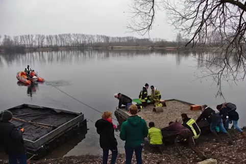 Mit vereinten Kräften: Das Feuerwehrboot zieht die „neue“ Schwimminsel in Richtung Seemitte, während die Naturschützer am Ufer s