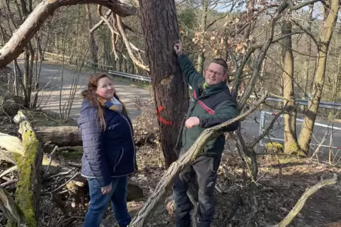 Patrizia Ziegler und Johannes Rottländer vor einem der 40 Bäume, die kommende Woche gefällt werden. Betroffen sind vor allem Kie