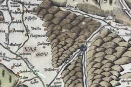 Die ältesten Karten in der Ausstellung zeigen Kaiserslautern an einem See zwischen drei Flüssen. Diese Karte ist die zweitältest