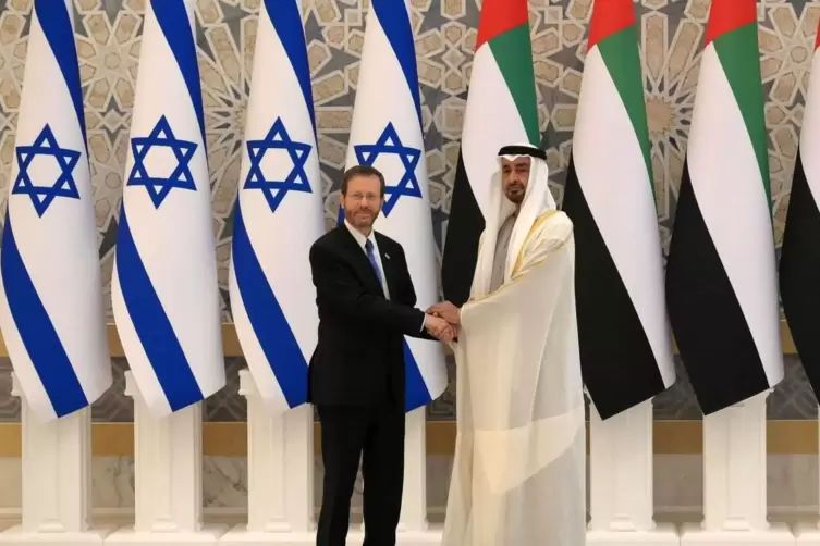Januar 2022: Israels Präsident Isaak Herzog besucht Abu Dhabi, als erstes Staatsoberhaupt des jüdischen Staats. Neben ihm Scheic