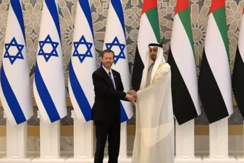 Januar 2022: Israels Präsident Isaak Herzog besucht Abu Dhabi, als erstes Staatsoberhaupt des jüdischen Staats. Neben ihm Scheic