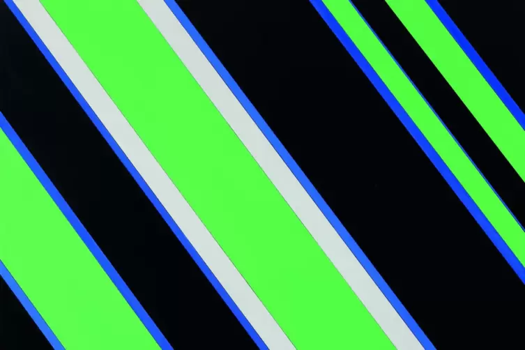 Prominente Diagonalstreifen: Günter Fruhtrunks Acrylbild „Weißer Hiatus“ von 1974, unübersehbar die Nähe zu seinem berühmten Tüt