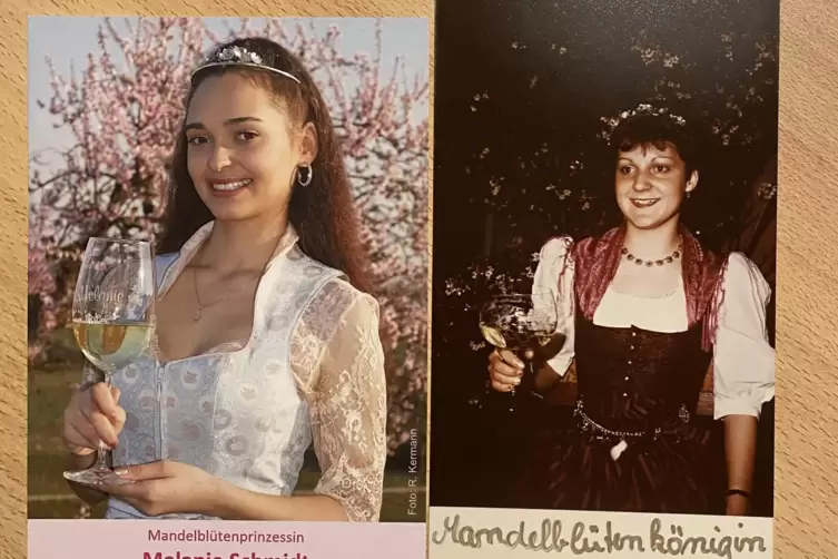 Die Autogrammkarten: Links die amtierende Mandelbl&uuml;tenk&ouml;nigin Melanie Schmidt. Rechts ihre Tante Uschi Fanelsa-Vetter.