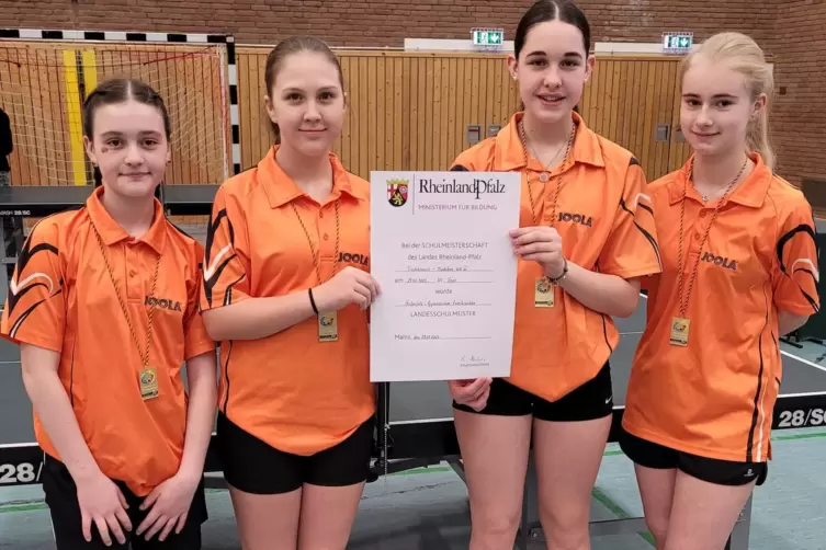 Die im Landesfinale der Wettkampfklasse IV siegreichen Tischtennis-Mädchen des Zweibrücker Hofenfels-Gymnasiums (von links): Ali